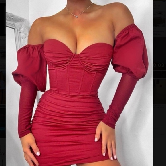 oh polly red puff sleeve dress